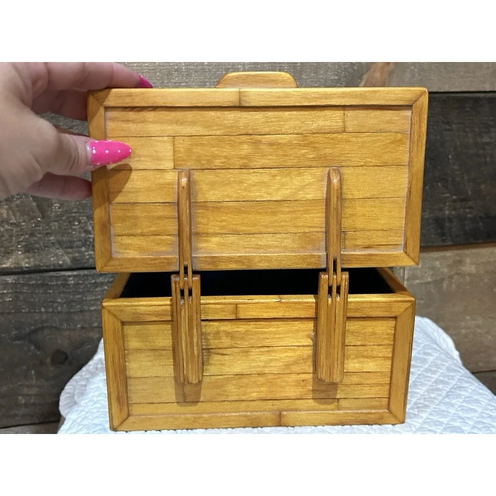 Hand Crafted Bamboo Wood Jewelry Keepsake Box Vintage Blue Inside